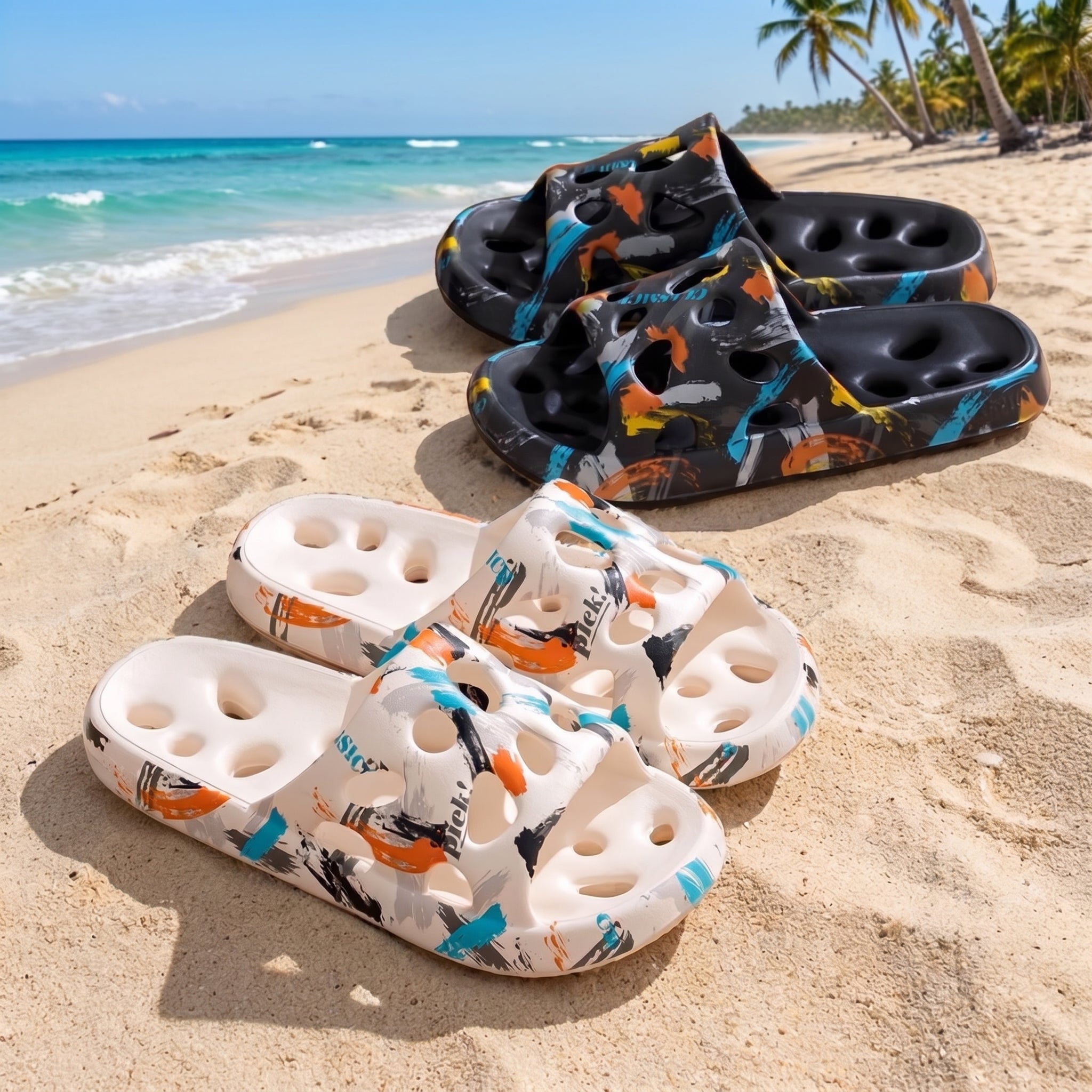Summer Couple's Street Graffiti Hollow Out Quick-Dry Beach & Shower Slide Sandals